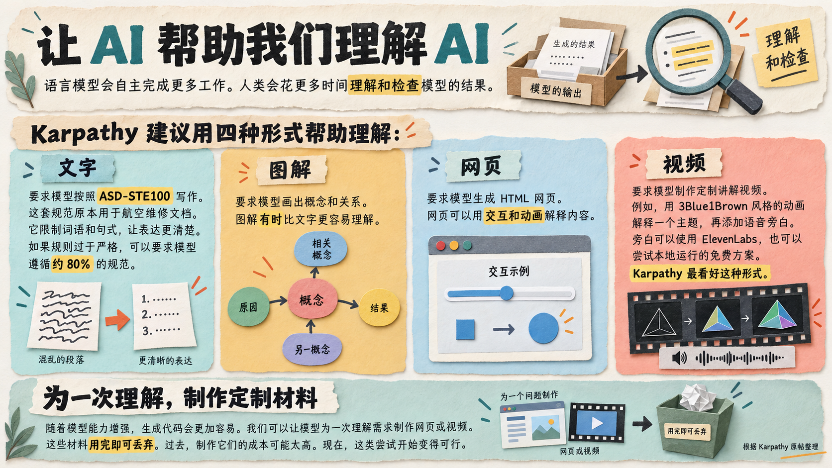 A paper-craft infographic of Karpathy's main points